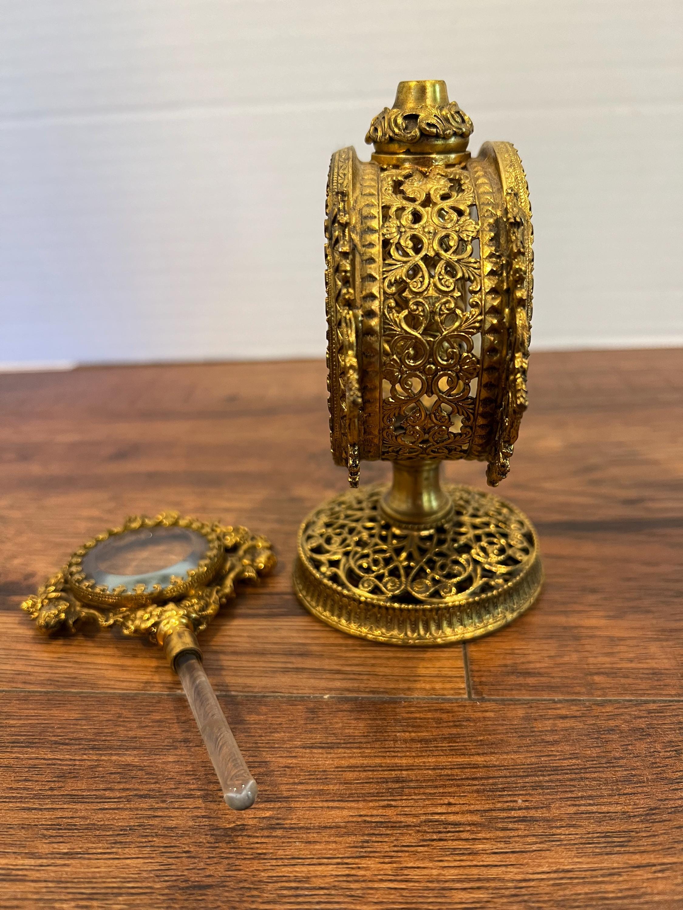 Rare Antique Gold Ormolu Filigree Perfume Bottle Vintage Cupid