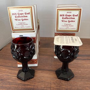 Avon Cape Cod Collection Wine Goblets in Original Boxes Glasses 2 with Original Candles, 4 without Candles – Vintage Ruby Red Glassware