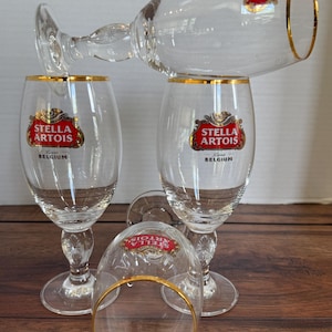 Vintage Stella Artois 33cl Beer Glasses - Set of 4 Gold-Rimmed Barware, Chalice-Style Brewery Glasses, Retro Belgian Beer Serving Set
