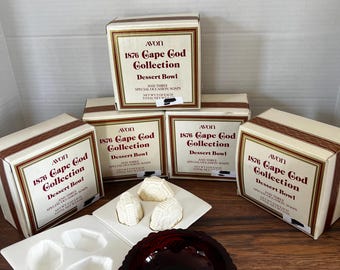Avon Cape Cod Collection Dessert Bowl in Original Boxes with Original Avon Trio of Soaps – Vintage Ruby Red Glassware
