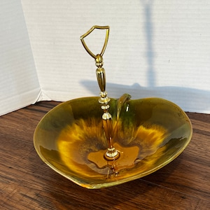 Vintage California Leaf Ceramic Bowl w/ Handle - Retro Orange Brown Green Pottery Serving Dish - Made in USA Nut Handled Snack Bowl Handmade