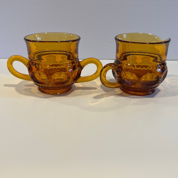 Vintage Cream and Sugar Set Amber Kings Crown Thumbprint