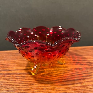 Vintage Amberina Bowl Hobnail Red Crimped Footed 1950’s