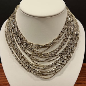 Vintage Coro Pegasus 7 Strand Silver & Gold Tones Statement Necklace Hollywood Glam Fashion Jewelry Retro Runway Style