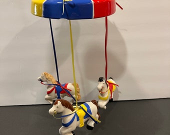 Vintage Circus Carousel Horse Mobile, Ceramic Pottery Nursery Decor, Big Top Baby Shower Gift, Hanging Circus Mobile for Nursery