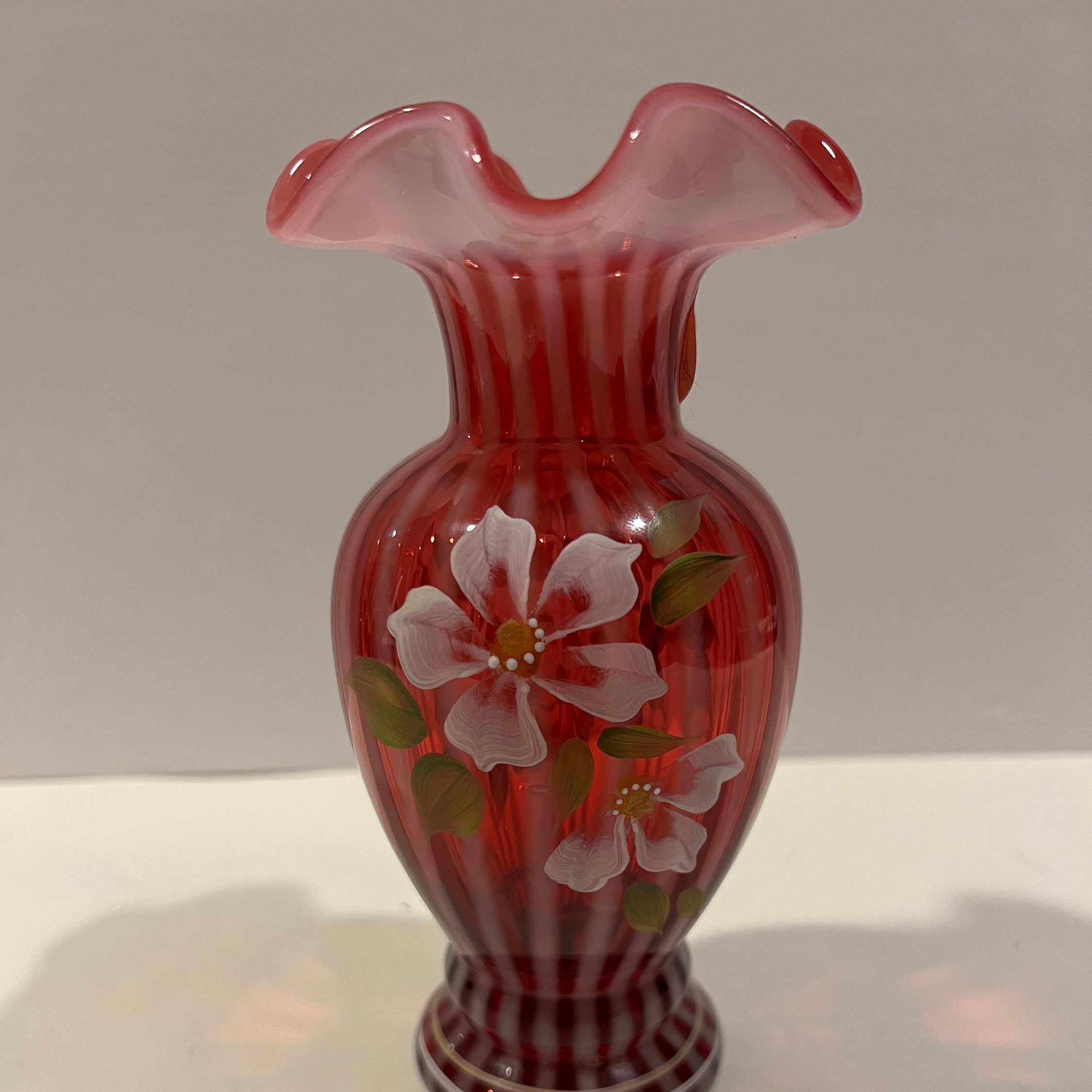 Stunning Vintage Fenton Cranberry Flower Vase - Opalescent, Signed