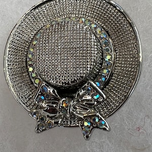 Vintage Brooch Retro Silver Tone Sun Hat w/ Rhinestone Bow Sparkly Coat Scarf Pin Colorful Fashion Lovers Brooch Hat Stunning in the Light