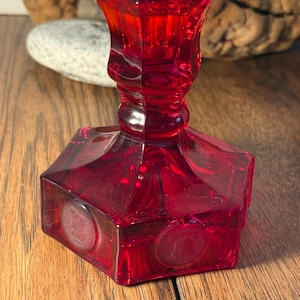 Vintage Fostoria Ruby Red Coin Glass Candle Holder | Hexagonal Base Frosted Medallion | Bicentennial Era 1970s | USA