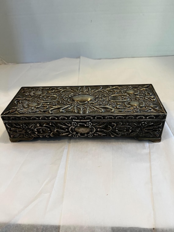 Vintage Silver Tone Jewelry Box W/ Red Velvet Lining, Art