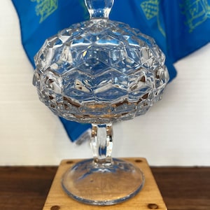 Vintage Fostoria American Pedestal Compote Candy Dish with Cover Cube Clear Glass Snack/Nut Dish, Classic Design for Timeless Décor