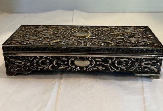 Vintage Silver Tone Jewelry Box W/ Red Velvet Lining, Art