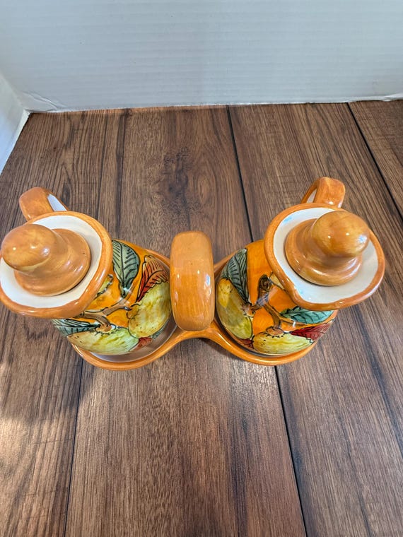 Vintage Deruta Italy Oil & Vinegar Cruet Set With Caddy – Hand