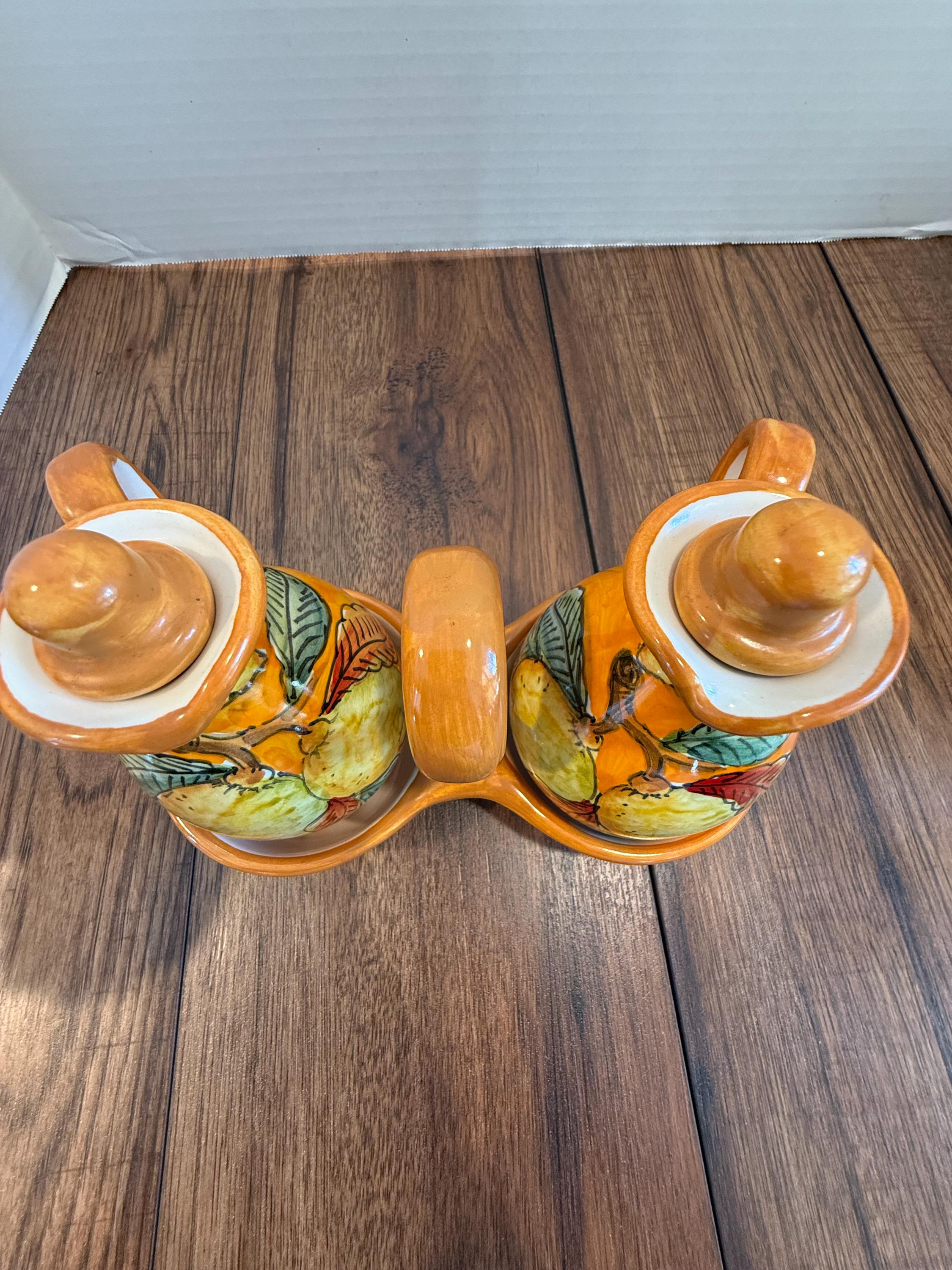 Vintage Deruta Italy Oil & Vinegar Cruet Set With Caddy – Hand