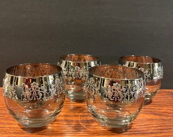Vintage Dorothy Thorpe Silver Fade Rim Roly Poly Floral Lowball