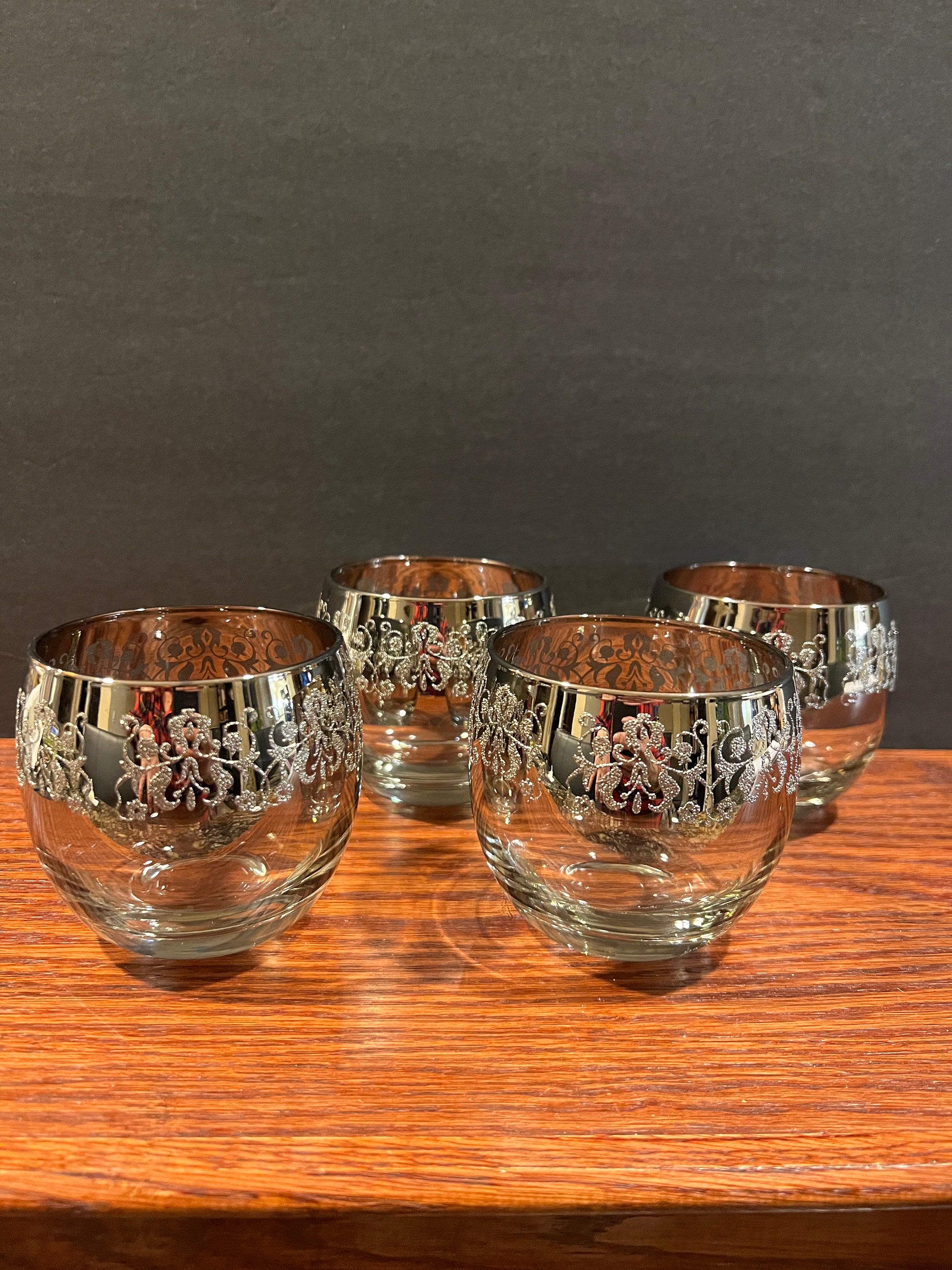 Vintage Dorothy Thorpe Silver Fade Rim Roly Poly Floral Lowball