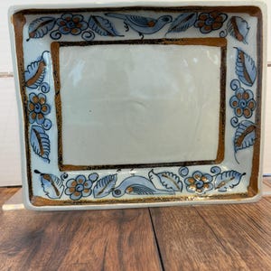 El Palomar Tonala Stoneware Ken Edwards Serving Platter– Hand-Painted Blue Bird Design, Mexican Folk Art, Vintage Kitchen Collectible