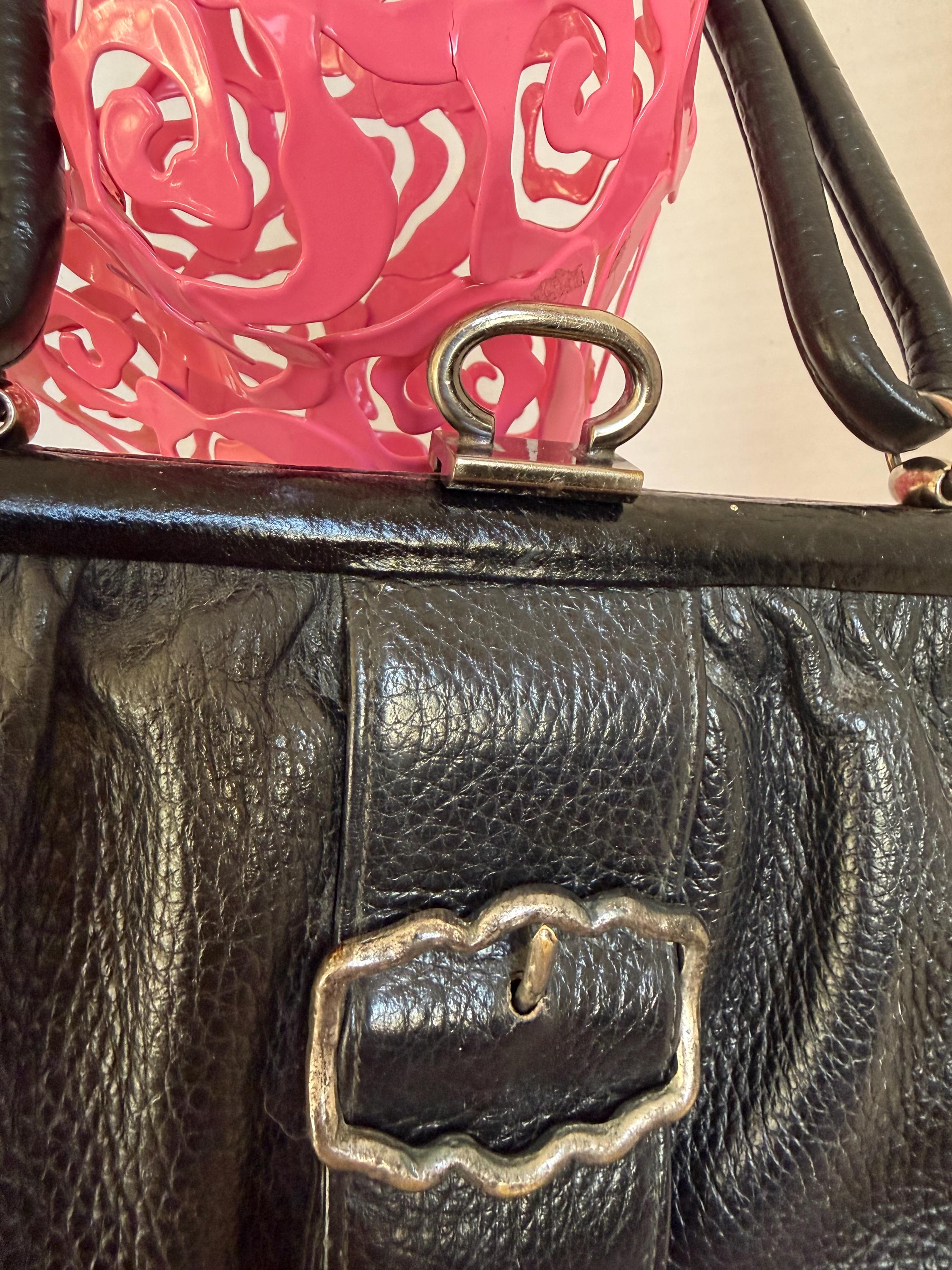 Vintage Saber Black Pebbled Leather Handbag | 1950s 1960s Mid