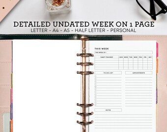 UNDATED WEEKLY Planner Printable - Week on One Page Digital Planner ...