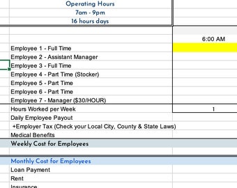 Op de afbeelding: Een spreadsheet met een gele, oranje en groene staafdiagram die de openingstijden van 6:00 uur tot 9:00 uur laat zien. De spreadsheet bevat ook een tabel met de wekelijkse en maandelijkse kosten voor werknemers, inclusief salaris, belastingen en voordelen. De tekst "Check your State Wage Laws" is zichtbaar bovenaan de spreadsheet.