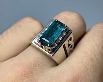 Natural blue Mens Tourmaline Ring Silver 925 Man Gift Ring Handcrafted Mens Jewellery October Birthstone Real Original Tourmaline Jewellery