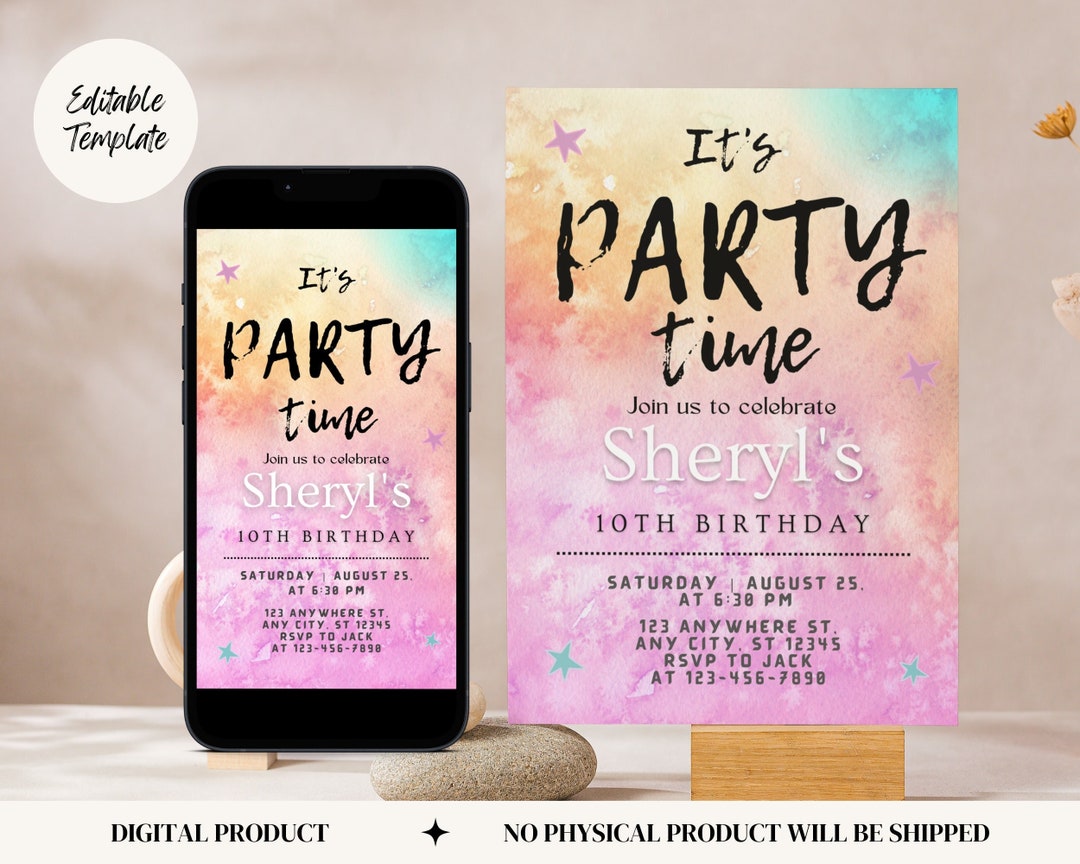Tie Dye Party Invitation Instant Download DIY Rainbow Tie Dye Birthday