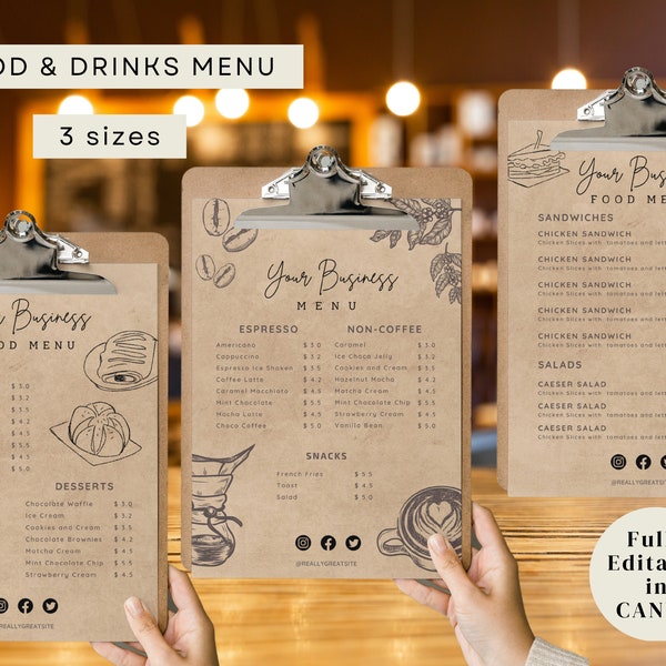 DIY Coffee Shop Food Drinks Menu Template | Editable Cafe Menu Template | Restaurant Printables | Coffee Pastries Menu Template | CANVA