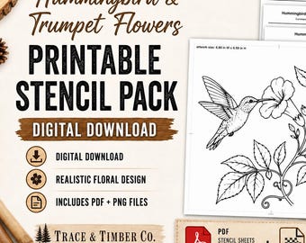 Plantilla para pirograbado de flores con forma de trompeta de colibrí, patrón floral realista (PDF PNG)