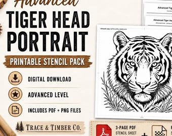 Plantilla de cabeza de tigre, patrón de pirograbado imprimible, plantilla avanzada de arte lineal de vida silvestre, PDF digital PNG