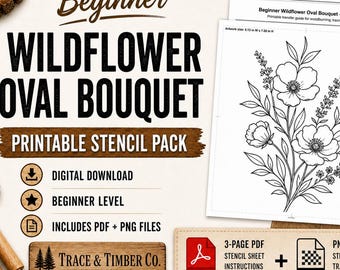 Plantilla de flores silvestres para principiantes para pirograbado, plantilla imprimible de ramo floral para pirograbado, descarga digital.