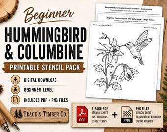 Plantilla para pirograbado de colibrí y aguileña, patrón imprimible, plantilla de pájaro y flor, PDF digital PNG.