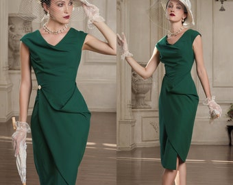 Haven Draped V-Neck Dress with Cap Sleeves - Retro and Vintage Ideal for Parties and Weddings
