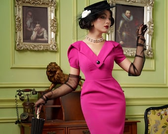 Myrtle Styled Lapel Collar Puff Sleeves Dress - Women's Retro & Vintage Elegance