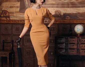 Jacques Split Neckline Pencil Dress - Vintage-Inspired with Retro Glamour for a Timeless Wardrobe