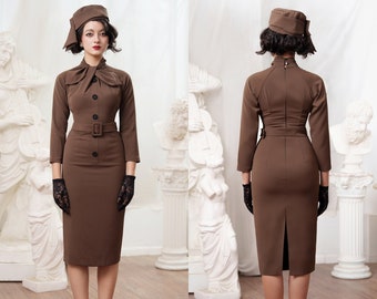 Dorothy 1950s Pencil Dress with Bow Tie Neck Retro Design