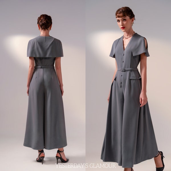 Anita Plunging Neckline Cape Jumpsuit with Belt - Effortlessly Glamorous Retro-Inspired