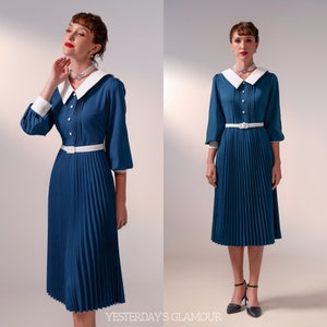 Marlene Swing Long Pleated Dress with Belt - Women Vintage V Neck Outfit 1950s Party