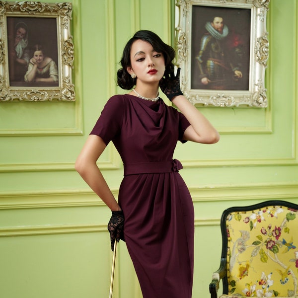 Vintage Glamour: Doris Pencil Dress with Beautiful Drapes and Matching Belt