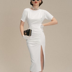 Kimberly Ruched Midi Dress with Boat Neckline and Side Slit – Perfect for Formal Events and Cocktail Parties