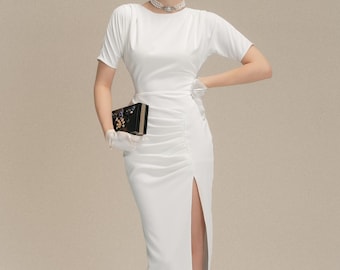 White Ruched Midi Dress – Vintage Style Boat Neck, Side Slit