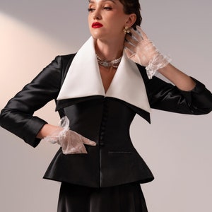 Greta Oversized Lapel Tailored Jacket - Jacket only - Black and White Peplum Blazer with Button Detailing