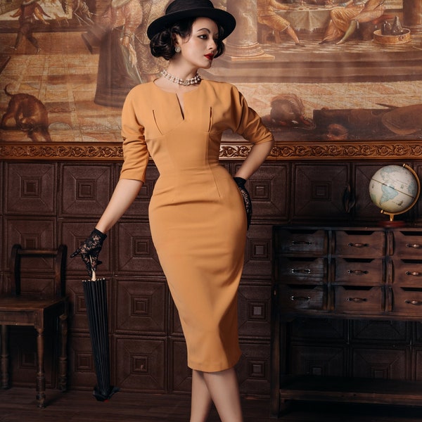 Jacques Split Neckline Pencil Dress - Vintage-Inspired with Retro Glamour for a Timeless Wardrobe