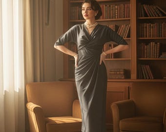 Draped Pencil Midi with V-Neck | Elegant Office & Business Dress | Classic Vintage-Inspired Work Silhouette