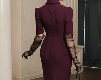 Lauren Tie Neck Pencil Dress | Retro Midi Outfit | Elegant Office Style