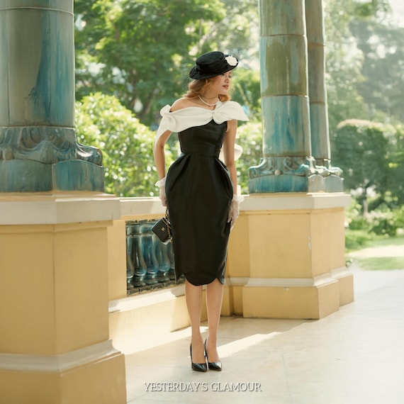 black dress with white bow US 2 / Bardot bow neckline Edda Black Maxi Gown with