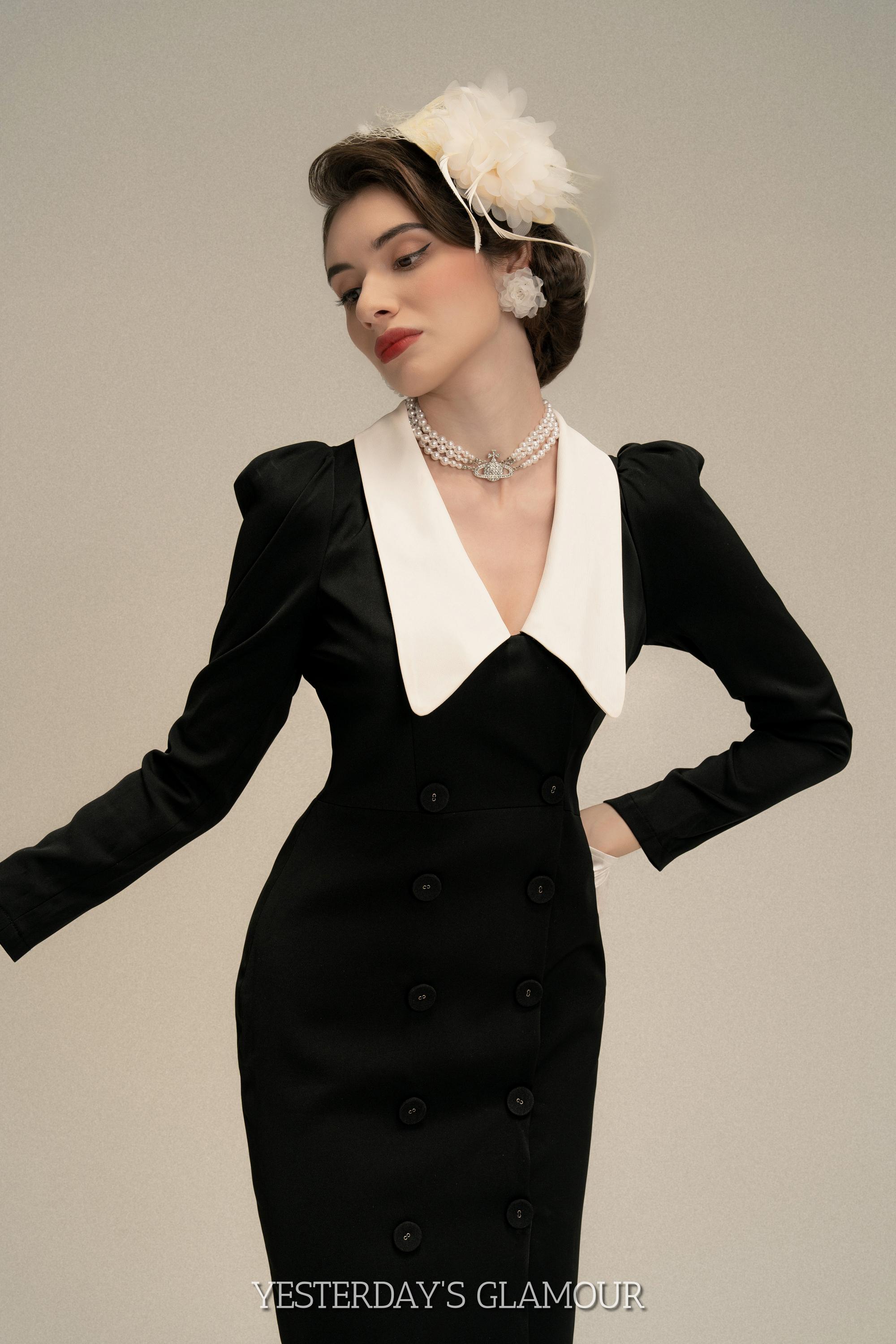 Vintage Charm: Gwen Long Black Dress with Sharp White Collar and Tailored Fit Vintage Charm: Gwen Long Black Dress with Sharp White Collar and Tailored Fit