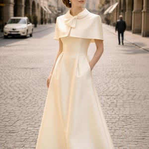 Ivory Cape Wedding Dress with Bow | Classic A Line Bridal Gown