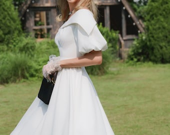 Jeffrey Off Shoulder Midi Dress | Puff Sleeve Retro Gown | Elegant Party Outfit