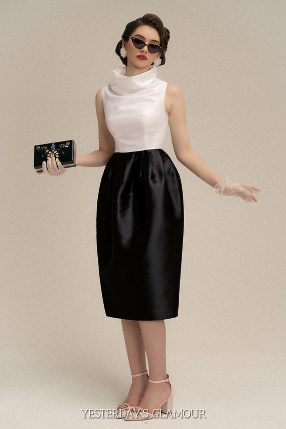 Elegant Black and White Taffeta Cowl Neck Cocktail Dress Elegant Black and White Taffeta Cowl Neck Cocktail Dress