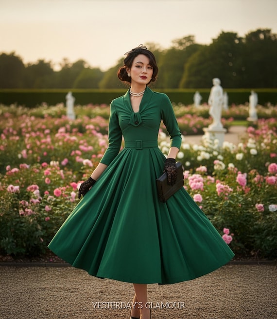 emerald green 3/4 sleeve dress Swing Midi With Draped Collar & Belted Waist | Elegant Retro Silhouette Fabric is very stretchy #ball gown Wedding dress J.Lo Says Her Stylist Style:RS5D150