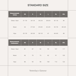 May include: A size chart showing measurements in inches and centimetres for chest/bust, waist, and hips, ranging from XS to XXL. The text "STANDARD SIZE" is at the top. The brand name "Yesterday's Glamour" is at the bottom.